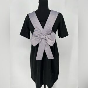 DONG DONG FUSH LITTLE BLACK MINI DRESS  GREY BOW ON BACK STRETCH FABRIC PULLOVER